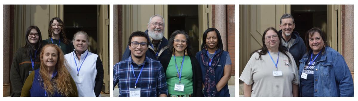 Three group photos of workshop participants, left Monacan, middle Iroquoian, Right Powhatan